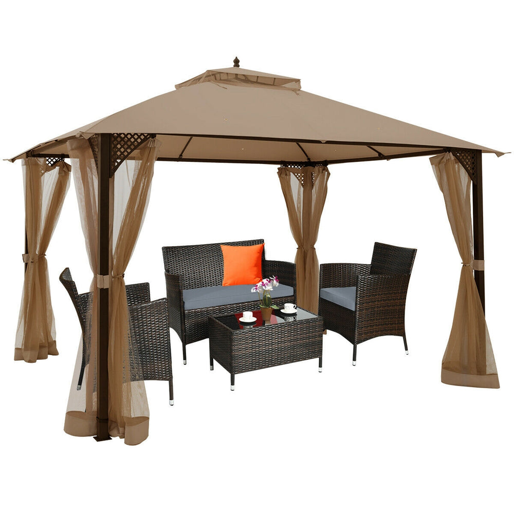 Outdoor 12 x 10 feet brown gazebo with dual-tiered roof, netting curtains, and spacious seating for gatherings.