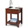 Wooden nightstand with drawer and open shelf, crafted from particleboard, perfect for bedroom or living room storage.