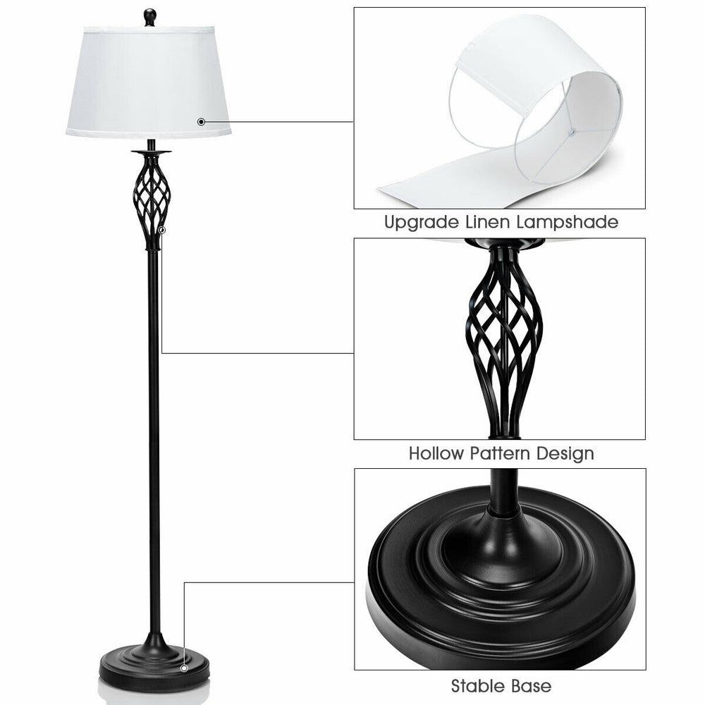 Black metal floor lamp with white fabric shade, featuring a hollow pattern design, ideal for traditional decor.