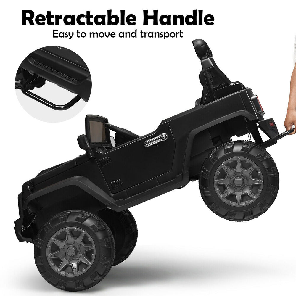 Retractable handle on the 12V Kids Ride On Truck for easy transport, featuring a sturdy black design and durable wheels.