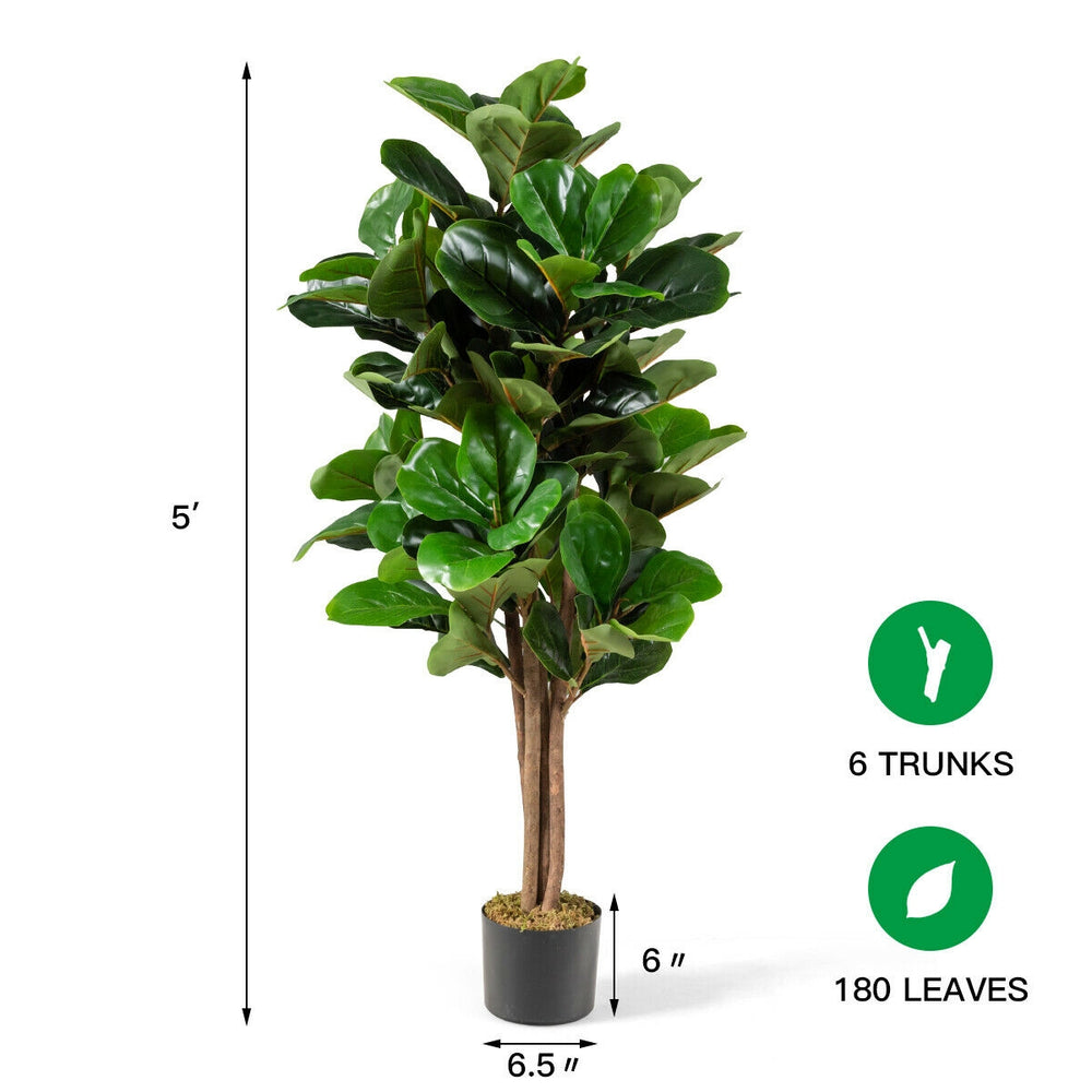 5-foot artificial fiddle leaf fig tree with 6 trunks and 180 leaves in a decorative pot, perfect for indoor or outdoor.