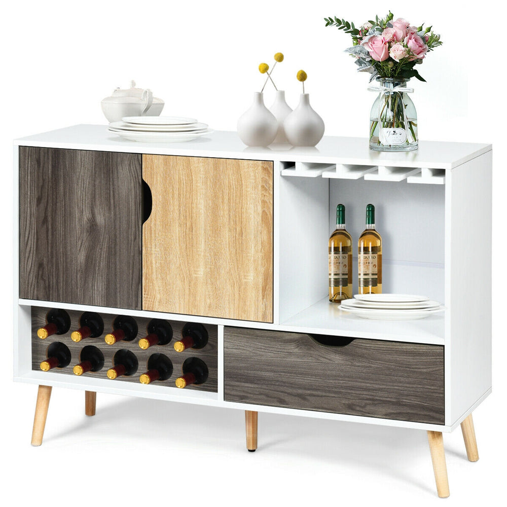 Mid-century buffet sideboard with wine rack, storage drawer, and adjustable shelf, perfect for kitchen or dining room.