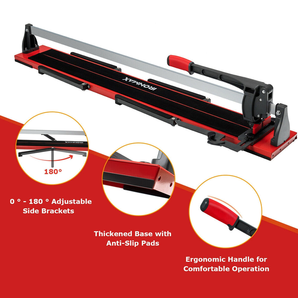 Manual tile cutter with a sharp tungsten carbide blade, adjustable side brackets, and ergonomic handle for precise.