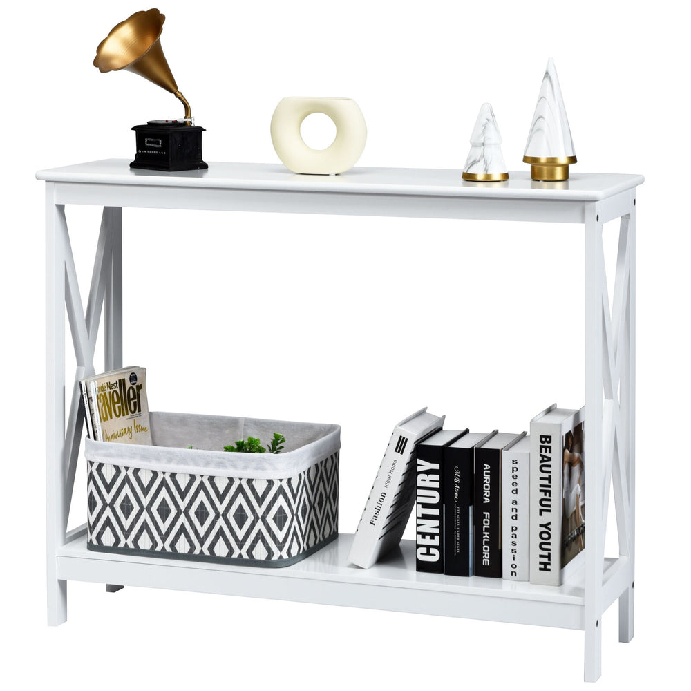 White console table showcasing an X-design, featuring a smooth surface and practical storage for books and decor.