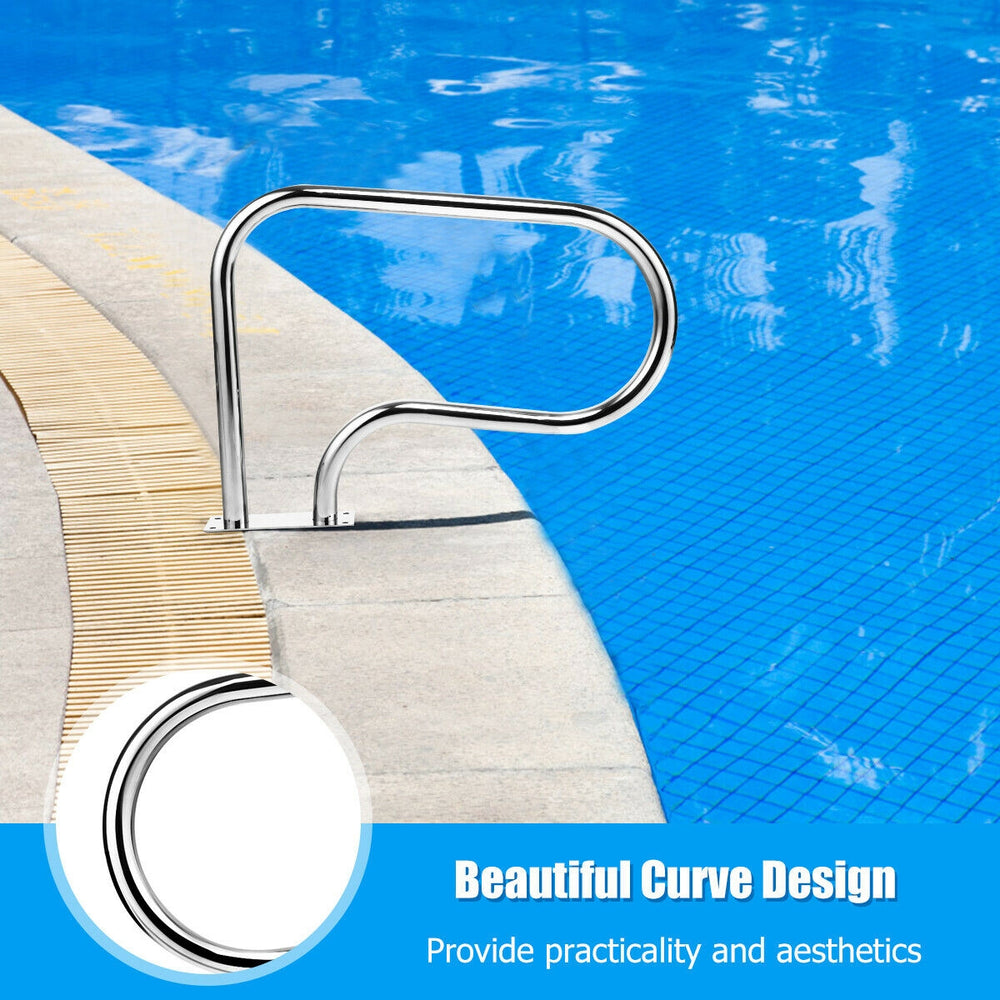 Stainless steel swimming pool handrail with a curve design, providing stability and easy access for pool entry and exit.