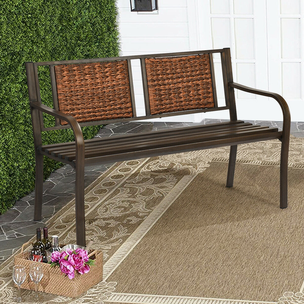Patio garden bench with powder coated steel frame and PE rattan backrest, perfect for backyard or garden relaxation.