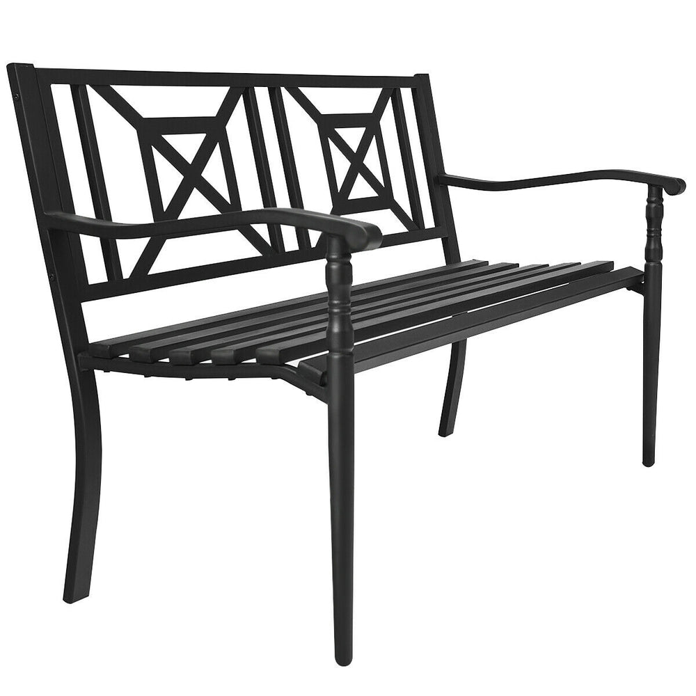 Side view of patio garden bench with powder coated steel frame, showcasing sturdy construction and classic design for.