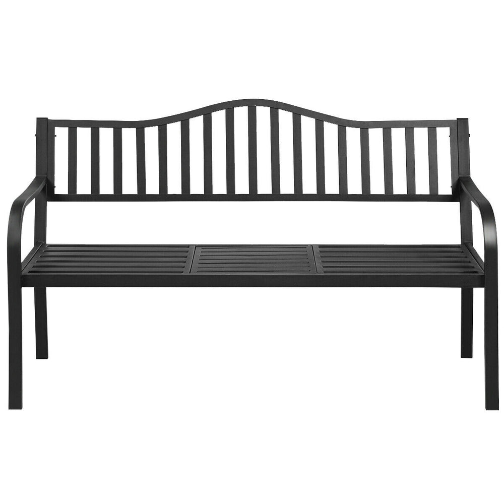 Black patio garden bench with adjustable center table, made of rustproof steel, perfect for outdoor relaxation.