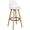 White mid-century barstool with beech wood legs and metal footrest, ideal for dining rooms and home bars.