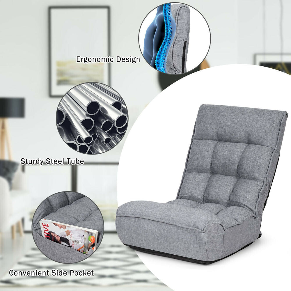 Adjustable gray floor chair with ergonomic design, sturdy steel frame, and side pocket for magazines, perfect for.