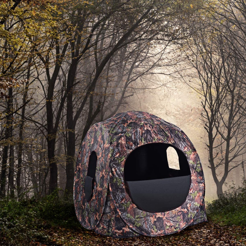 Portable pop-up ground camo blind hunting enclosure with 360° visibility, weatherproof material, and zipper door for.
