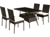5-piece rattan dining set featuring a glass table and high back chairs with removable cushions, ideal for outdoor.
