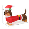 Inflatable 5 ft Christmas dog wearing a Santa hat, made of durable polyester, perfect for holiday decorations.