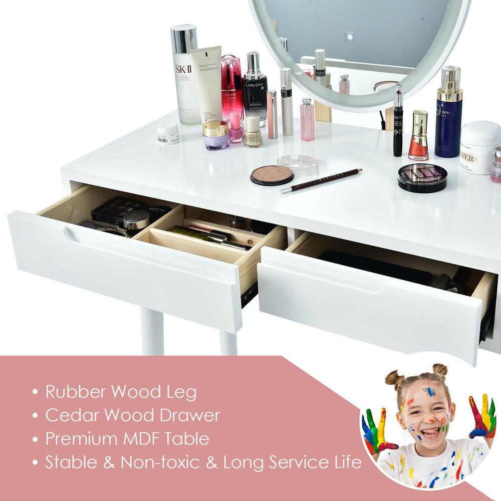 Touch screen vanity makeup table set with lighted mirror, rubber wood legs, and cedar wood drawers for organized.