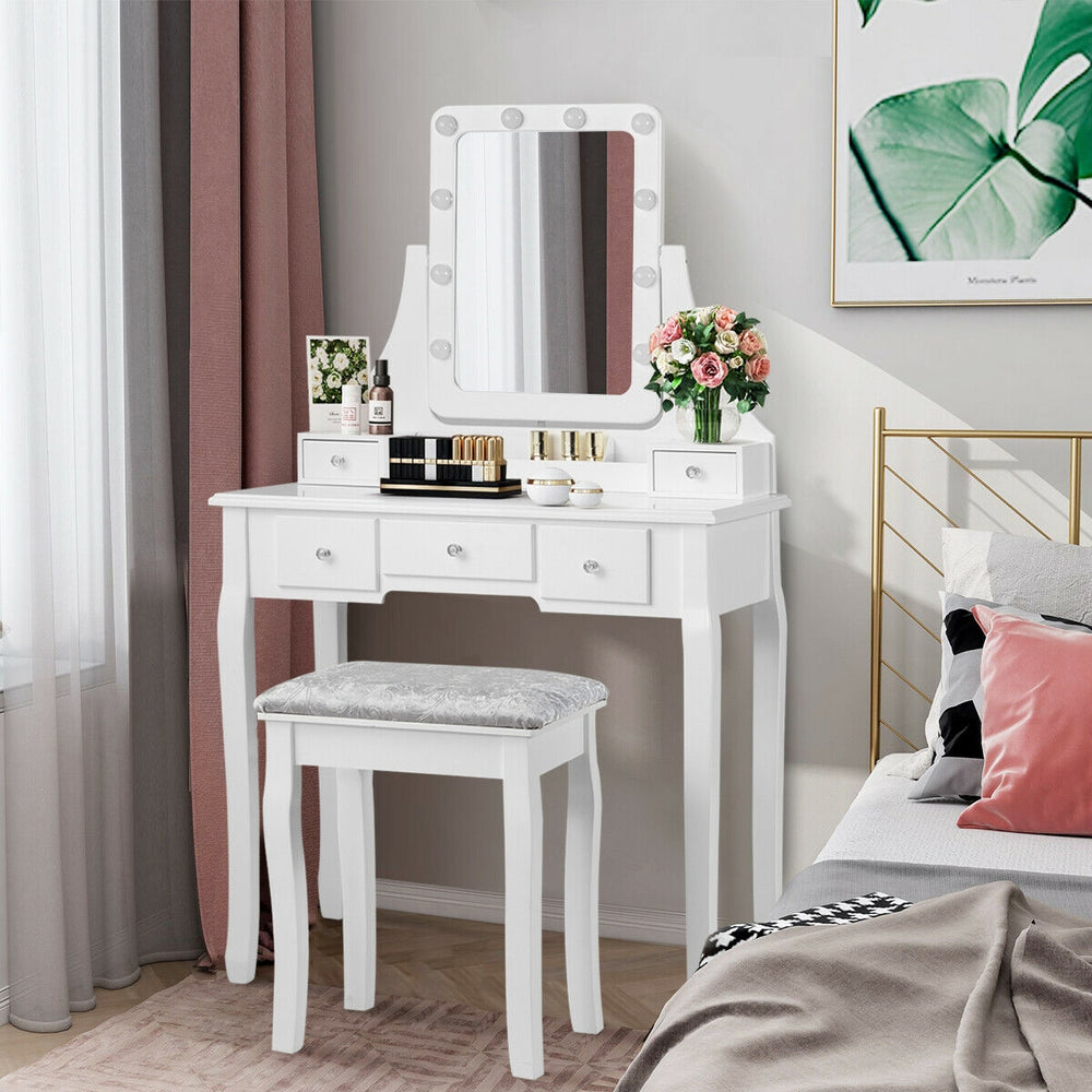 Vanity Dressing Table Set with 10 Dimmable Bulbs and Cushioned Stool-White - Gallery View 1 of 12