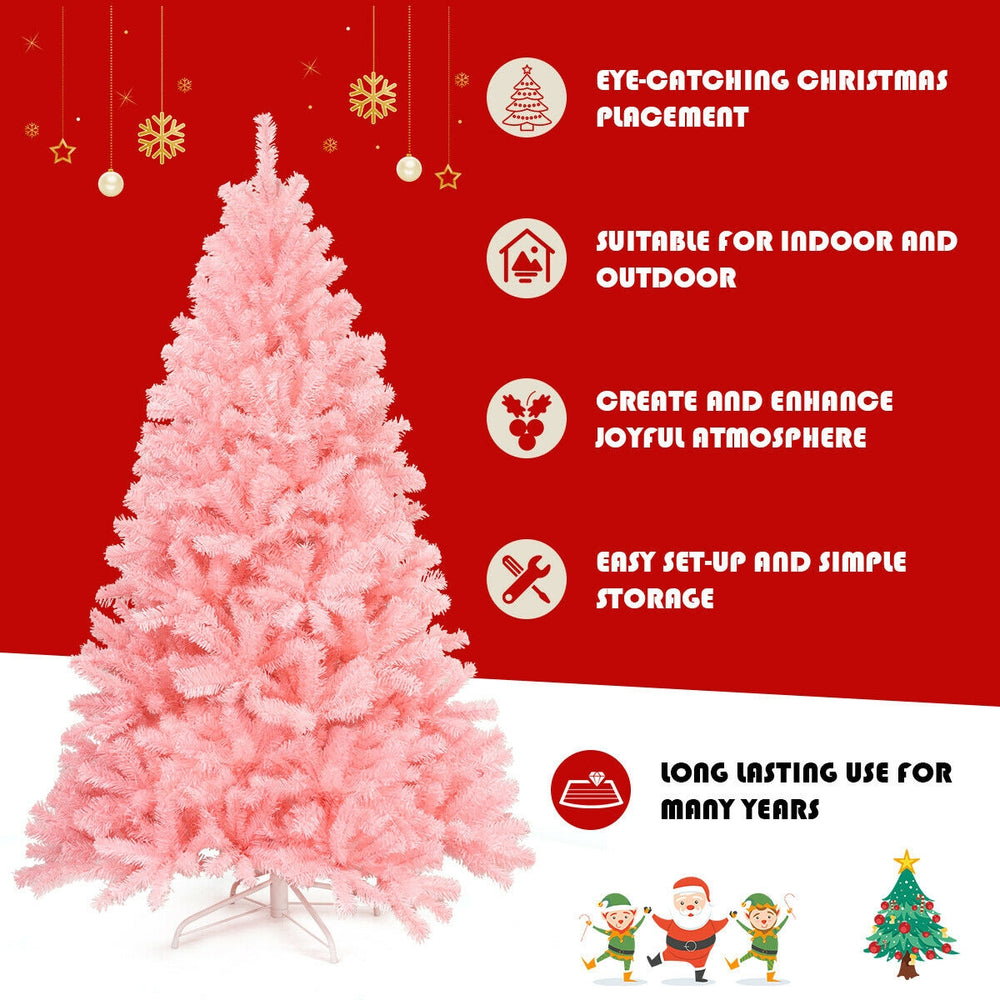 6 feet pink artificial Christmas tree with hinged sections and metal stand, perfect for creating a joyful holiday.