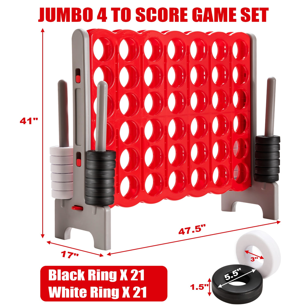 Jumbo 4 to Score game set with red frame, includes 42 rings, perfect for outdoor parties and improving motor skills.
