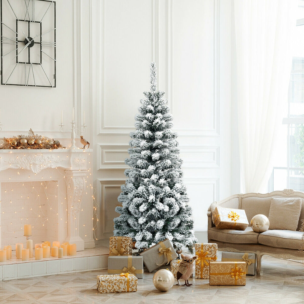 Snow flocked 4.5 feet pencil Christmas tree with 242 branch tips, perfect for limited spaces and festive decor.