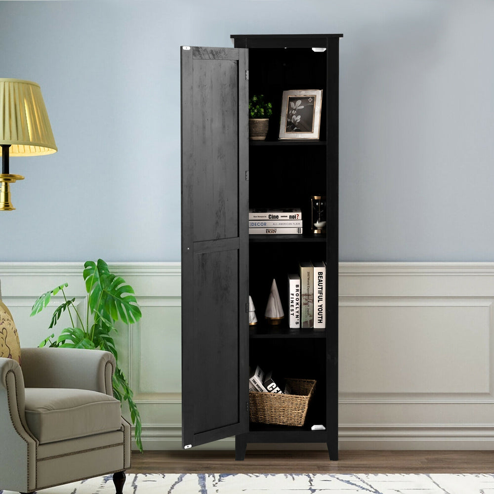 Sleek black linen tower storage cabinet featuring a modern design, four shelves, perfect for stylish organization in.
