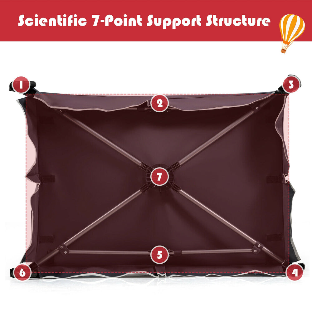 Bottom view of the 4-in-1 convertible baby play yard featuring a scientific 7-point support structure for stability.