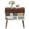 Mid-century nightstand with a drawer and rubber wood legs, featuring open shelves for stylish storage in any room.