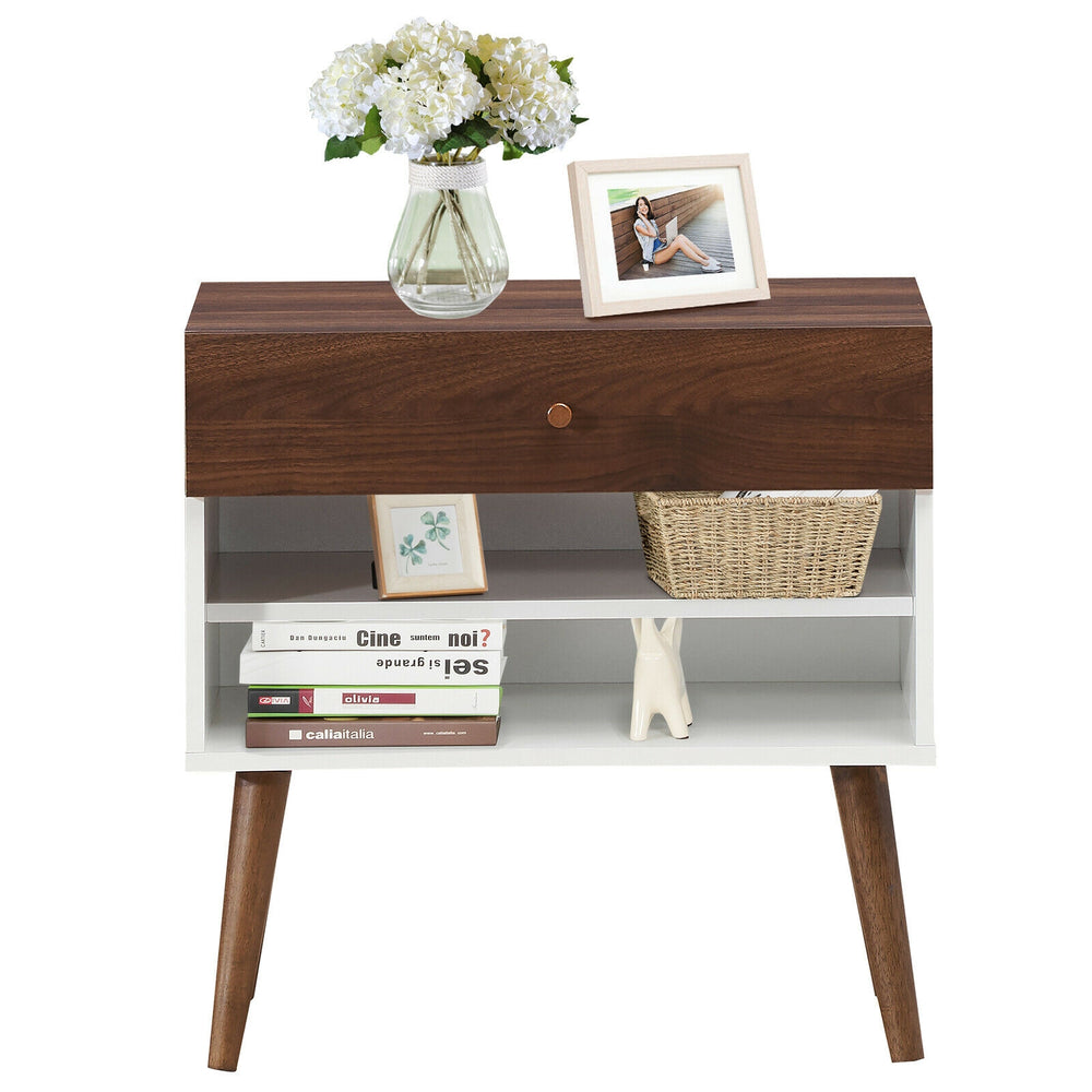 Mid-century nightstand with a drawer and rubber wood legs, featuring open shelves for stylish storage in any room.
