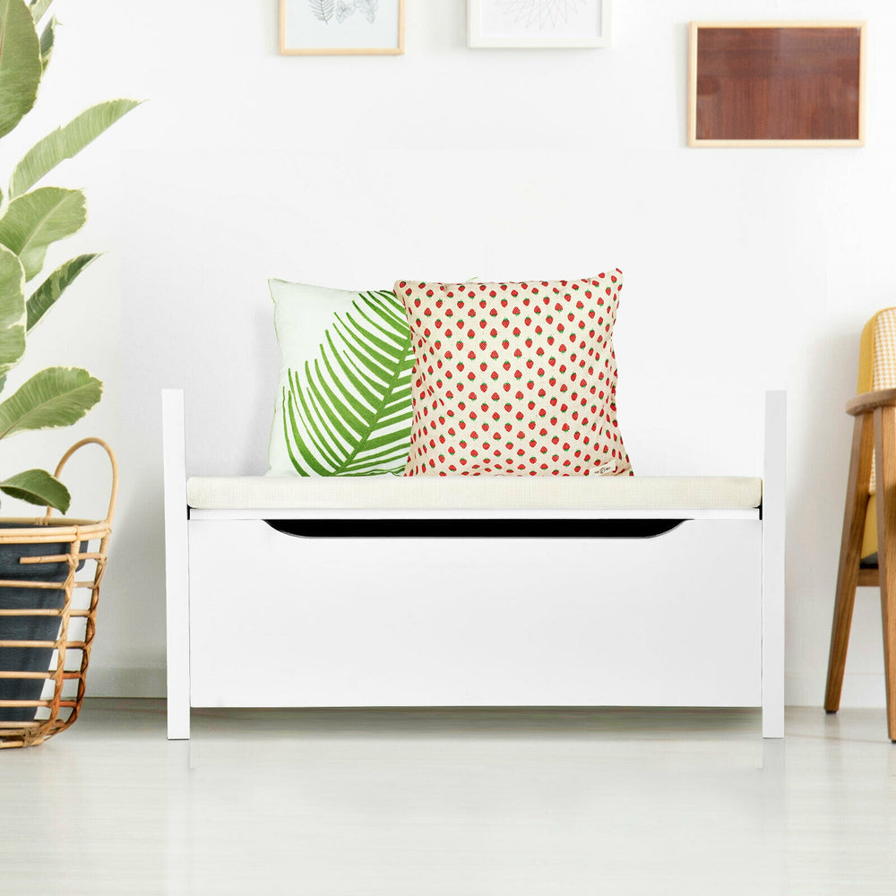 Shoe storage bench in white with a removable cushion, adding stylish seating and storage to your entryway decor.