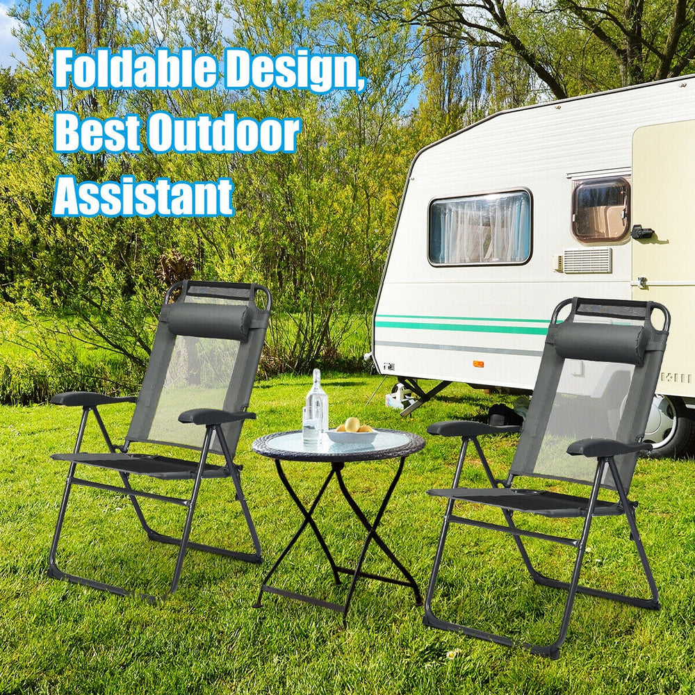 Adjustable gray folding chair with headrest, made of steel and oxford fabric, perfect for outdoor patio relaxation.