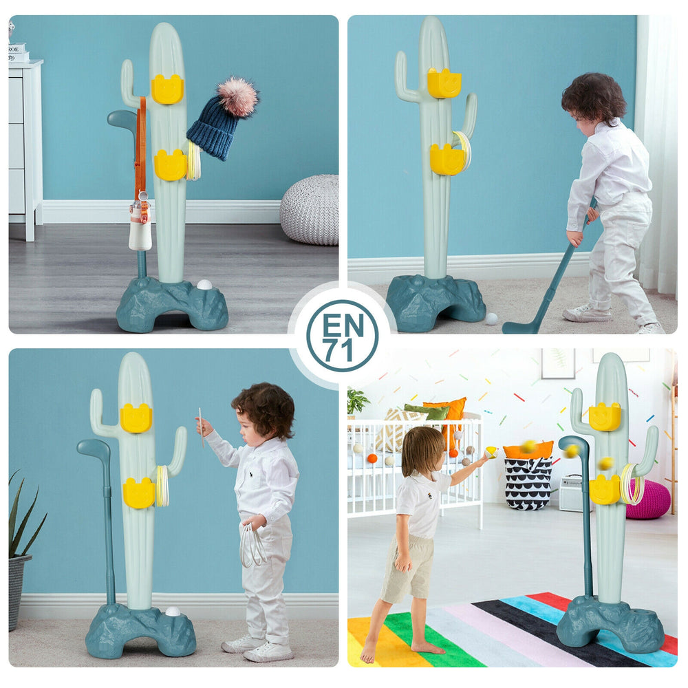 3-in-1 cactus toy stand for kids featuring golf, ring-toss, and sandbag-toss games, promoting hand-brain abilities.