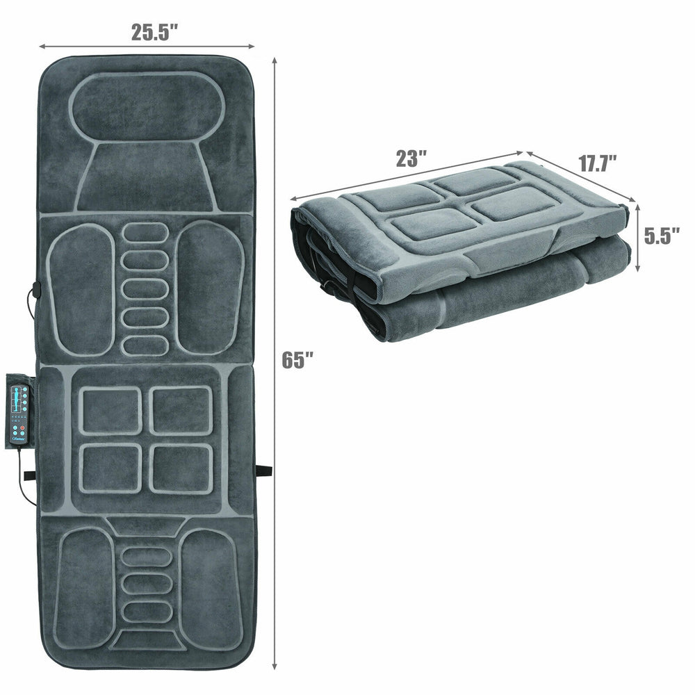 Foldable massage mat with heat, featuring plush cloth, 10 vibration motors, and dimensions of 25.5" x 65" for versatile.
