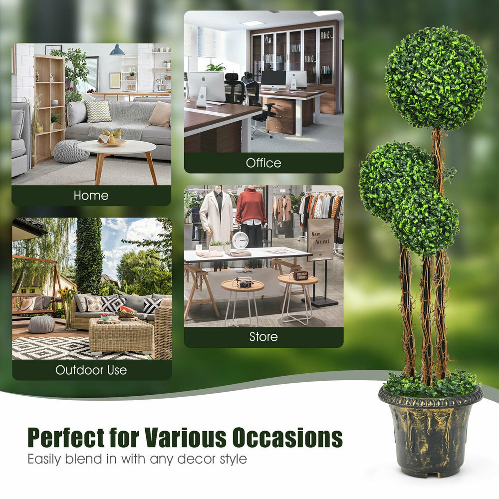 4 feet artificial topiary triple ball tree plant with UV resistant PE leaves, perfect for home, office, or outdoor.