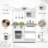 Wooden pretend play kitchen set for kids featuring a stove, sink, oven, and 2-tier storage shelf for imaginative play.