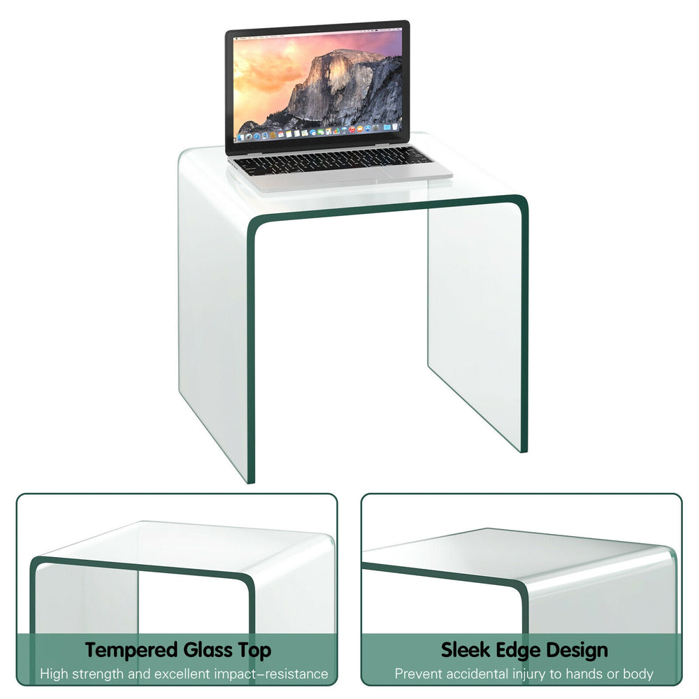 Tempered glass waterfall end table with non-slip pads, minimalist design, ideal for living room or office use.