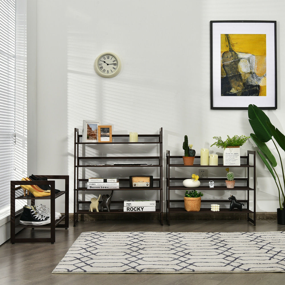 4-tier metal shoe rack with adjustable shelves, perfect for organizing up to 16 pairs in entryways or hallways.