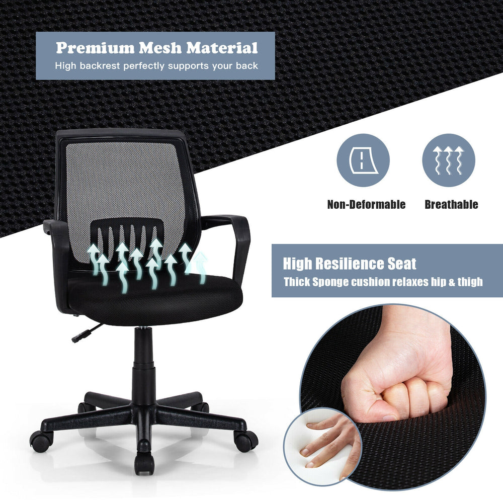 Mid-back mesh executive chair with adjustable height, lumbar support, and breathable fabric for office comfort.