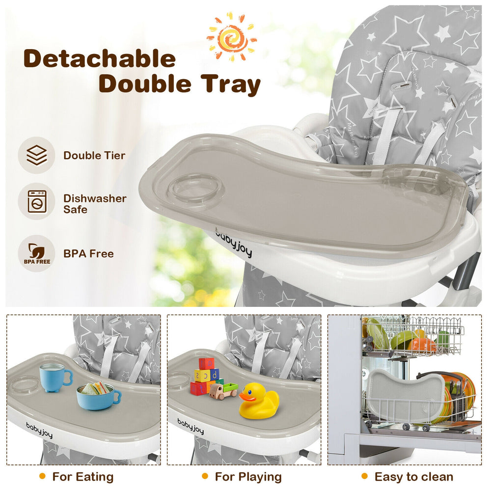 Detachable double tray of a gray folding baby high dining chair, ideal for eating and easy to clean.