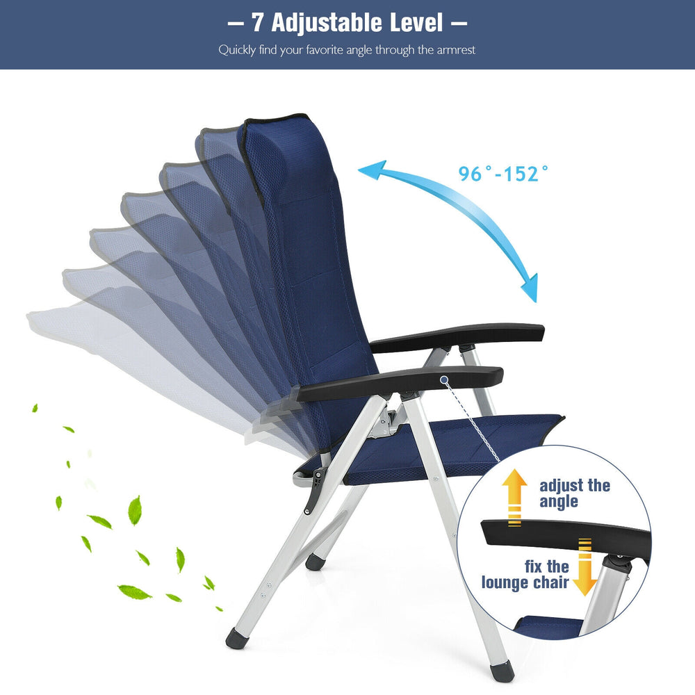 Patio dining chair with 7 adjustable backrest levels, blue mesh fabric, and foldable design for outdoor relaxation.
