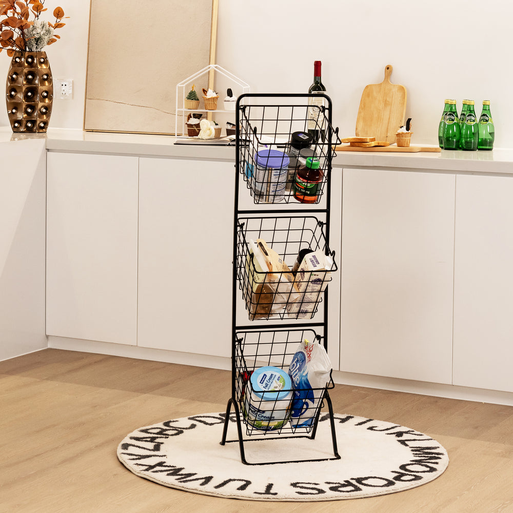 3-tier metal fruit basket stand with adjustable heights, ideal for organizing snacks and vegetables in the kitchen.