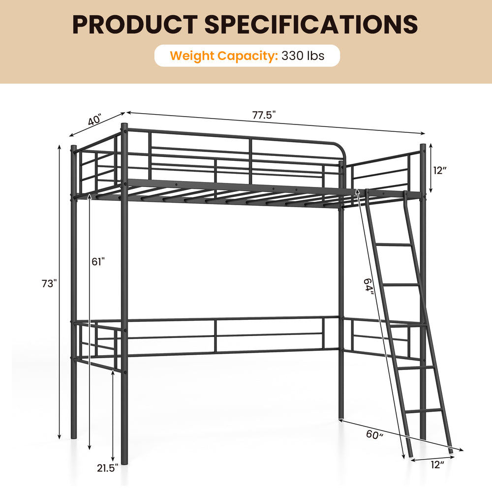 Metal loft twin bed frame in black with dimensions, weight capacity, and safety features for versatile use.