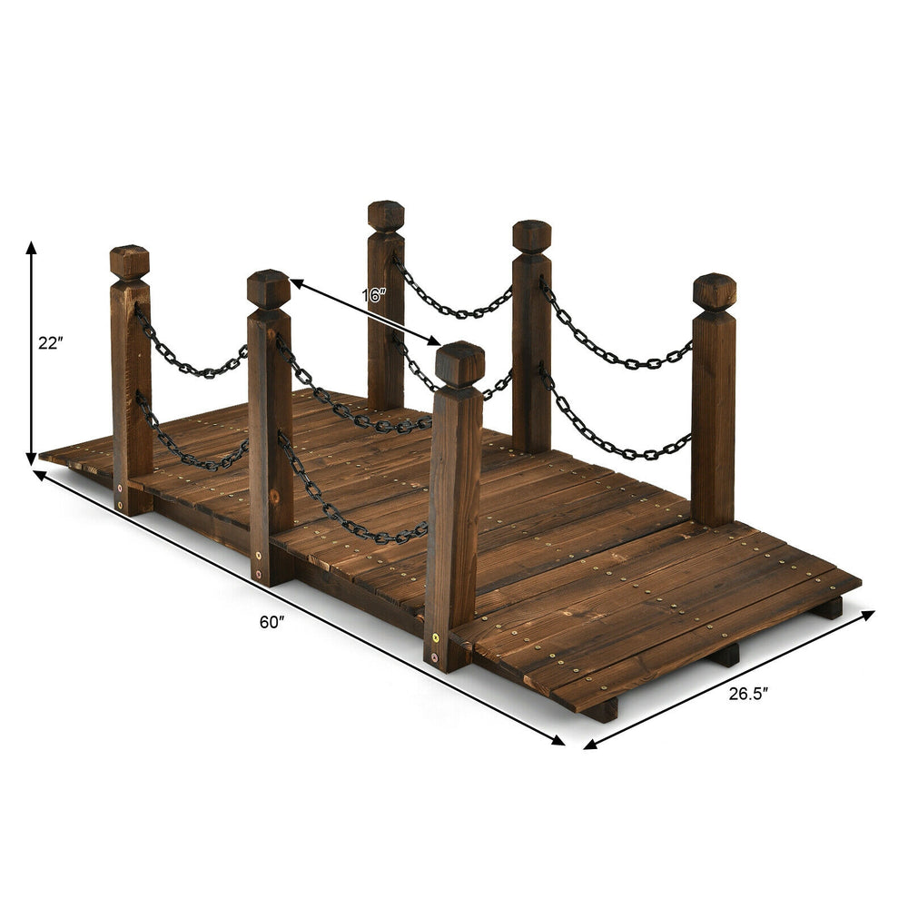 Wooden garden bridge with safety rails, stained finish, 5 feet long, ideal for outdoor decoration and walkways.