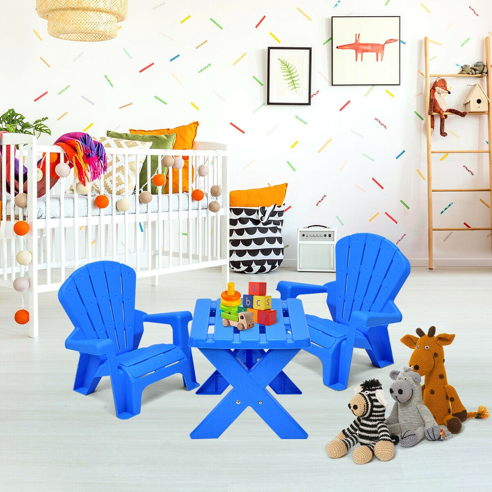 Blue 3-piece plastic children table and chair set, perfect for playtime and activities in a nursery or play area.