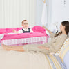 Portable pink baby playpen crib with mosquito net and diaper changing pad, perfect for safe napping and playtime.