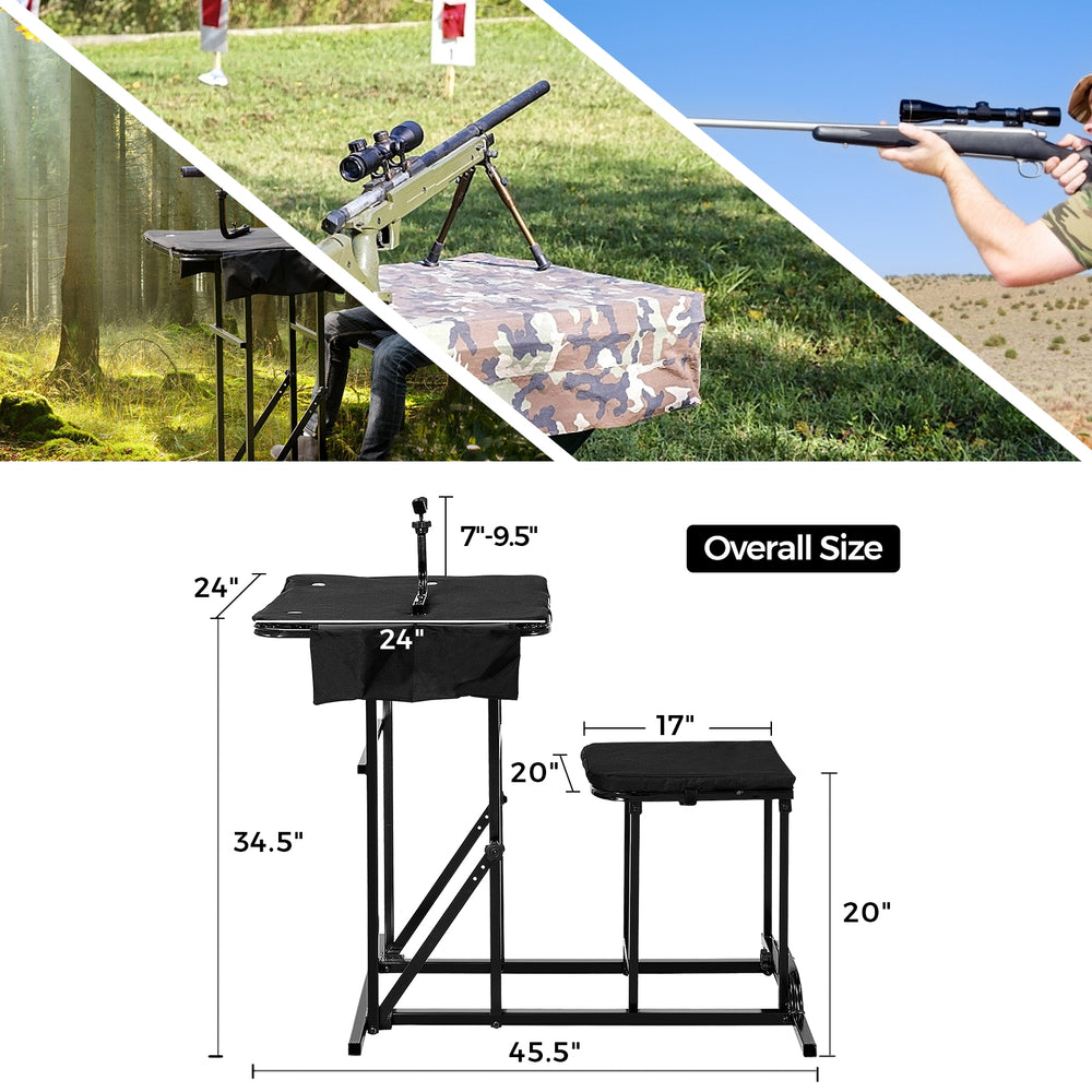Foldable shooting bench with adjustable height, featuring a large 24" x 24" platform and two accessory pockets for.