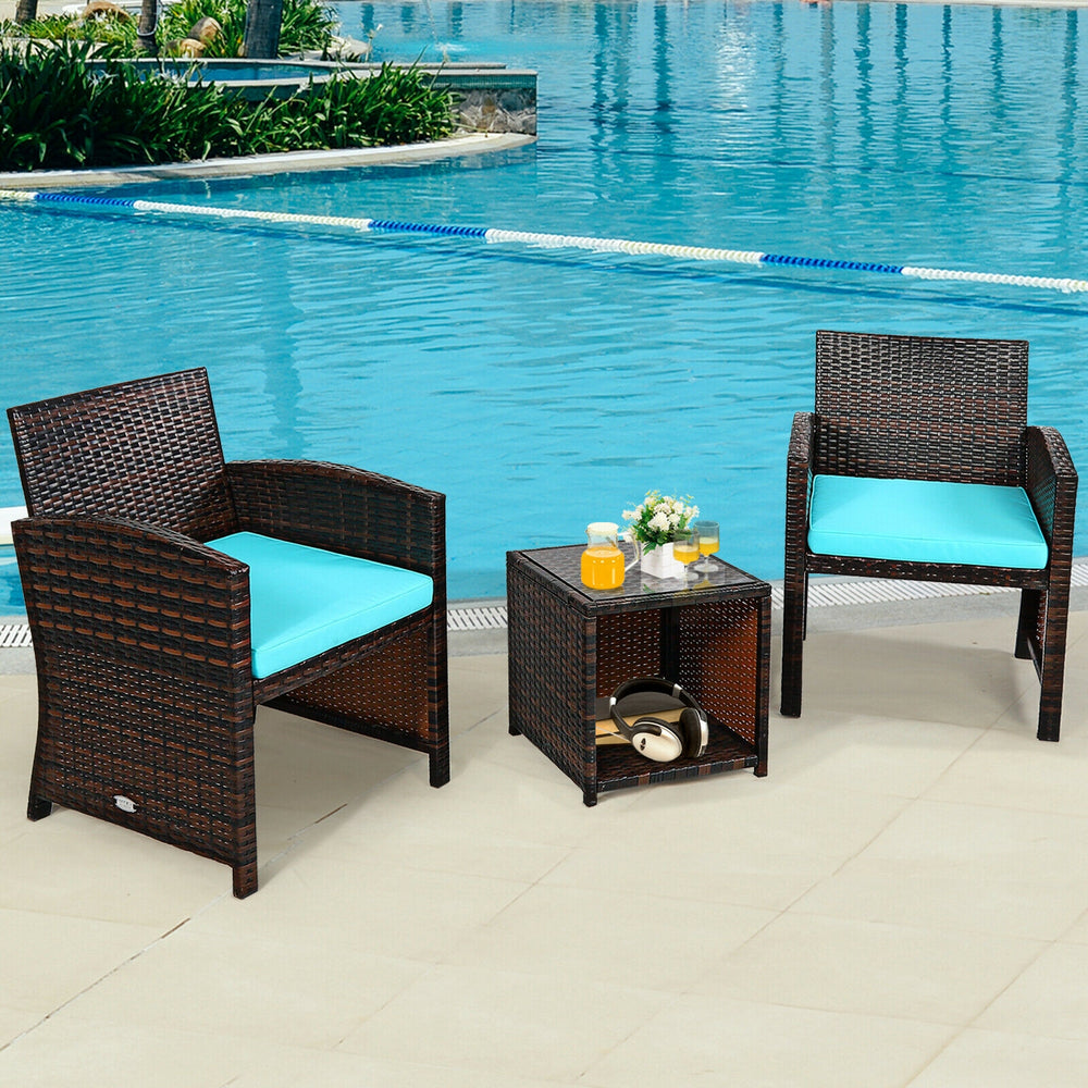 3 Pieces PE Rattan Wicker Furniture Set with Cushion Sofa Coffee Table for Garden-Turquoise - Gallery View 1 of 12