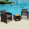 3-piece PE rattan wicker furniture set with gray cushions, featuring two chairs and a coffee table, ideal for poolside.