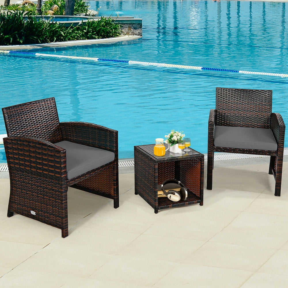 3 Pieces PE Rattan Wicker Furniture Set with Cushion Sofa Coffee Table for Garden-Gray - Gallery View 1 of 12