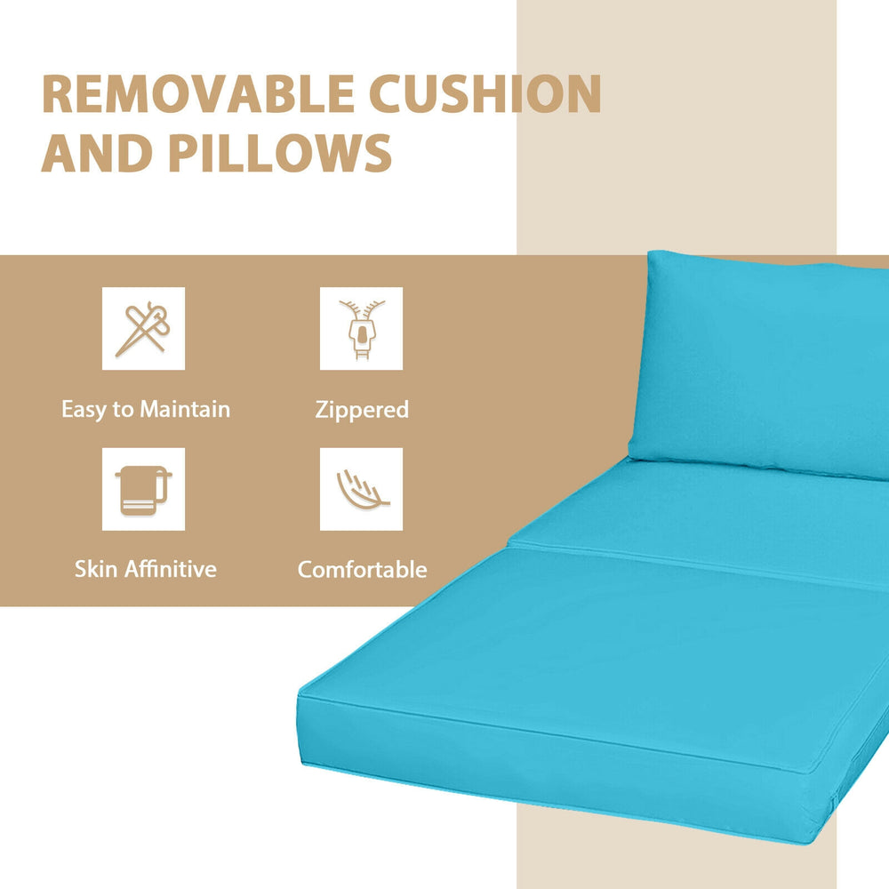 Turquoise removable cushion and pillows for 5 pieces patio rattan furniture set, easy to maintain and comfortable.
