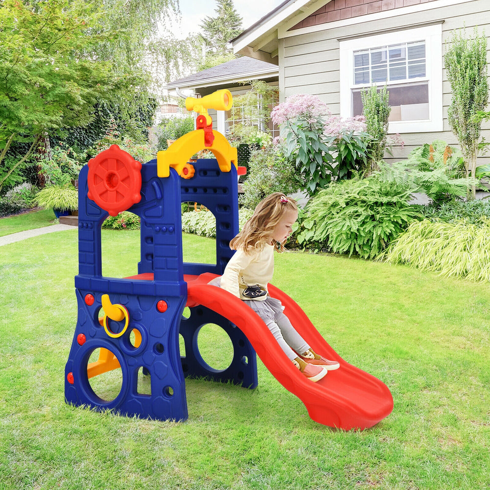 Freestanding kids slide with basketball hoop and ring toss, made of non-toxic HDPE, perfect for outdoor fun.