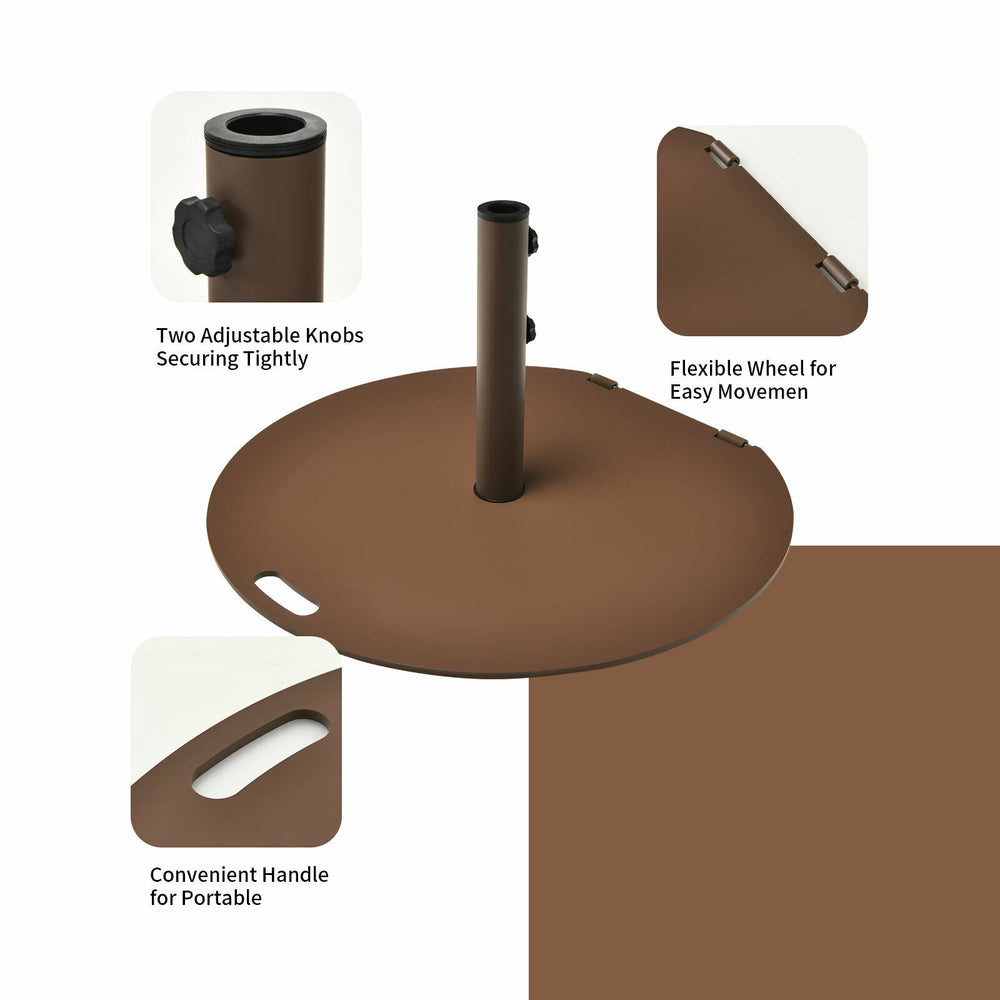 Umbrella base stand with wheels, 50 lbs metal frame, adjustable knobs, and handle for easy mobility in outdoor settings.