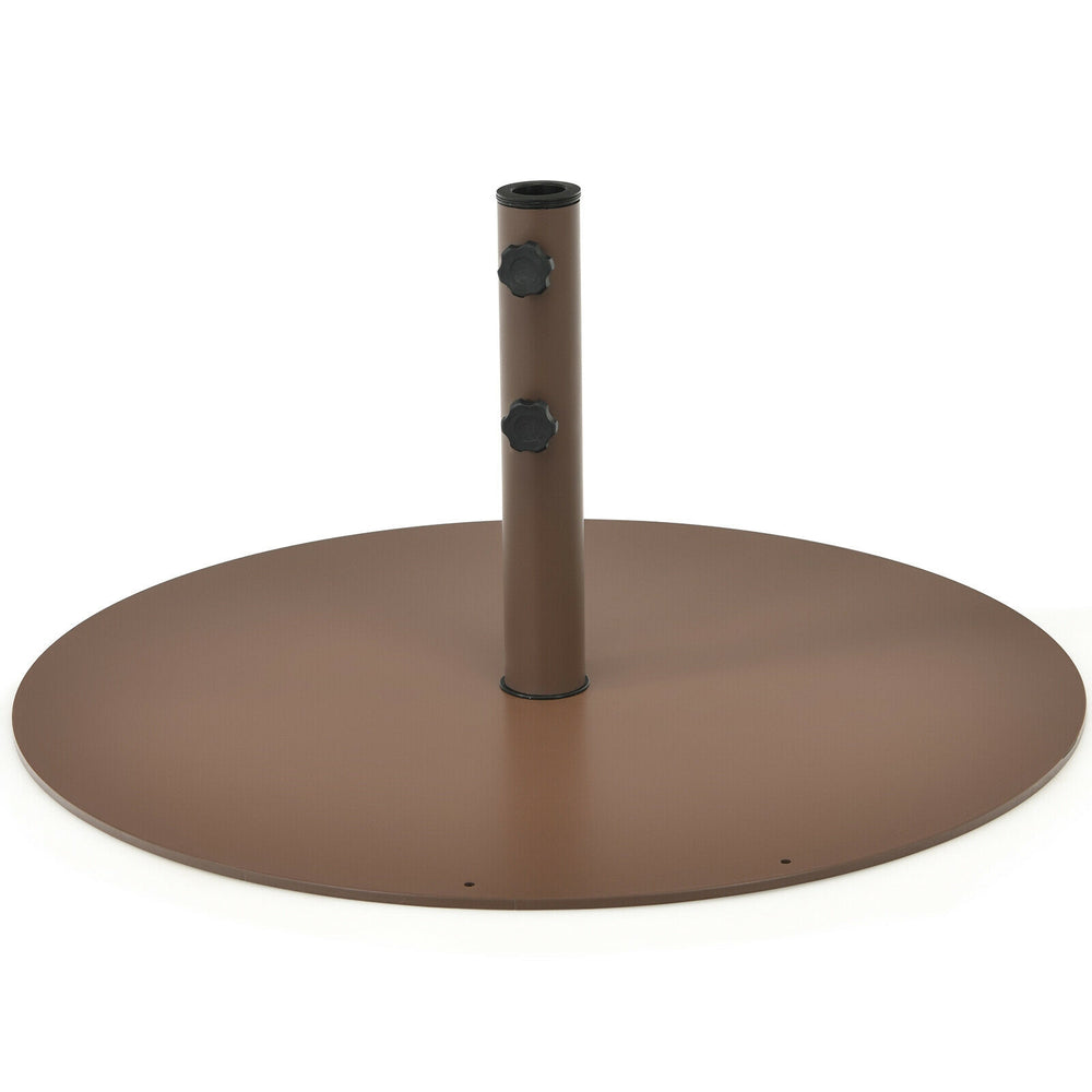 29.5-inch outdoor steel umbrella base stand with heavy-duty frame and two hand tightening knobs for stability in windy.